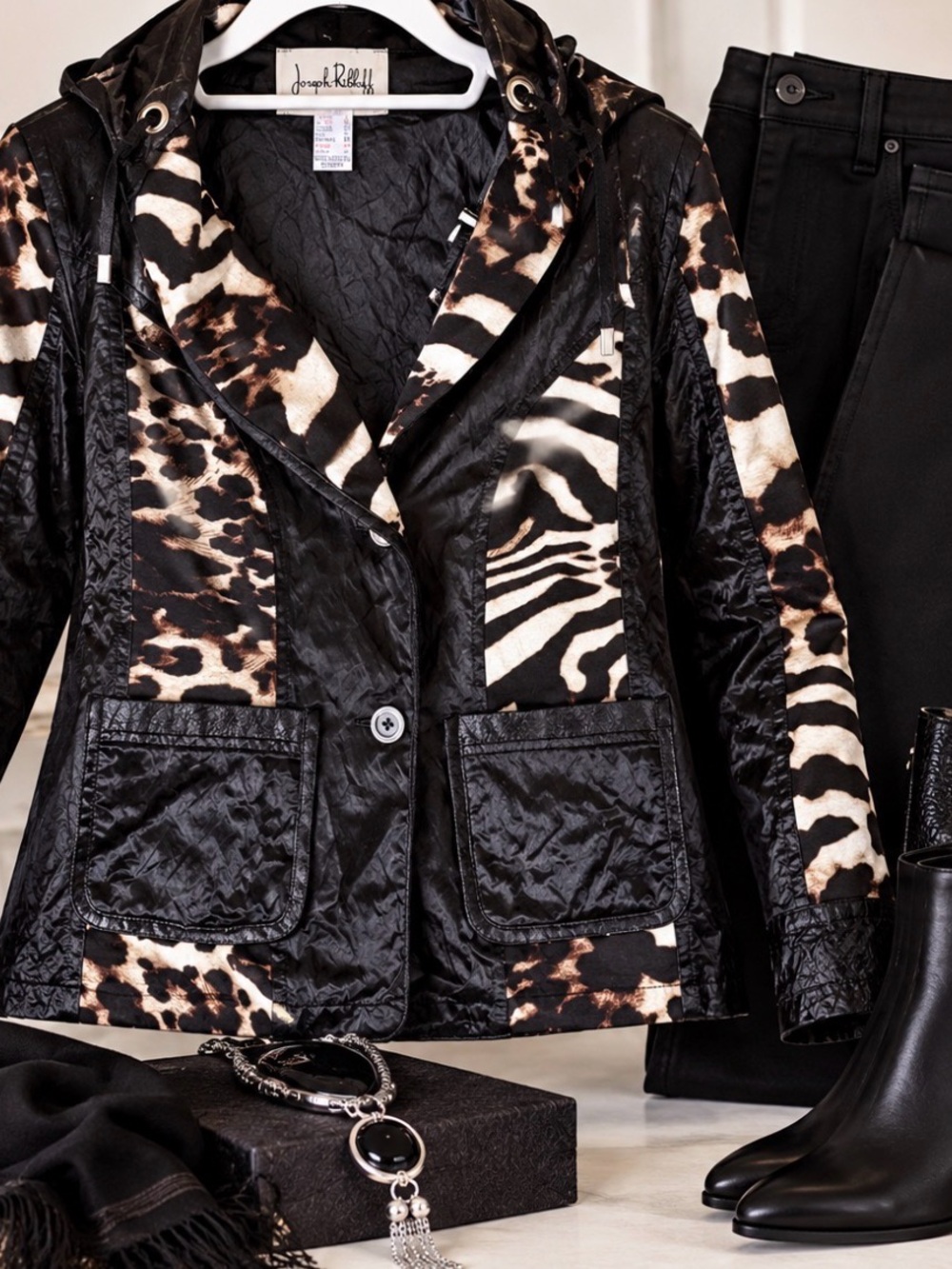 Joseph Ribkoff Black and Cream Animal Print Blazer Jacket
